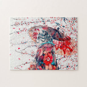 Majestic Geisha Cat Among Cherry Blossoms Jigsaw Puzzle