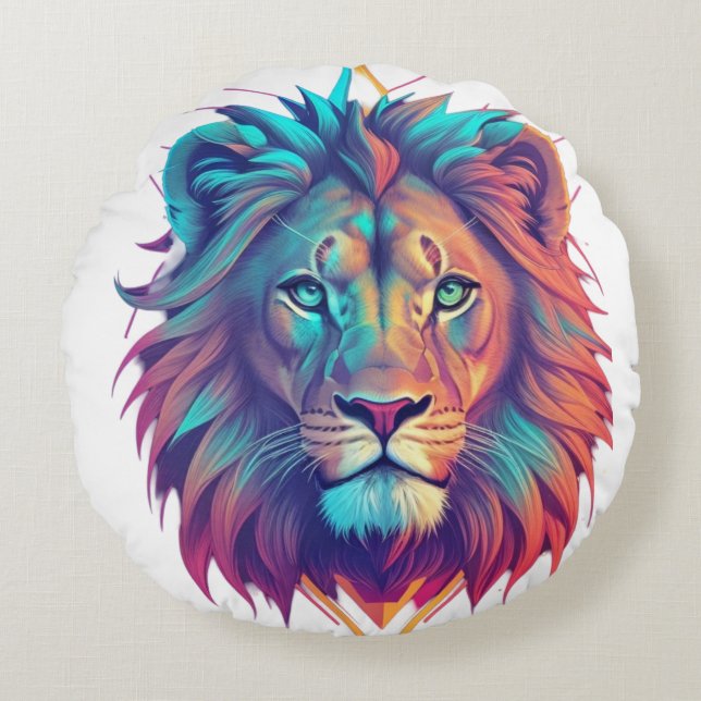 Majestic Geometric Lion T-Shirt Round Cushion (Front)
