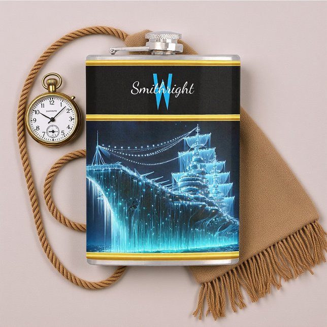 Majestic Ghost Ship Glows in the Nighttime Ocean  Hip Flask (Creator Uploaded)