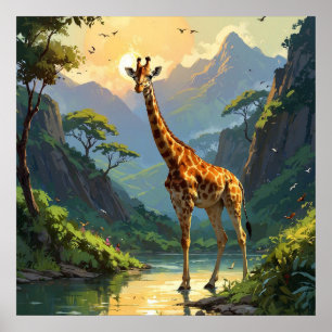 Majestic Giraffe in Nature Wildlife Painting Poster