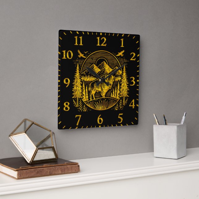 Majestic Gold Buffalo in Mountain Landscape Square Wall Clock (Office)