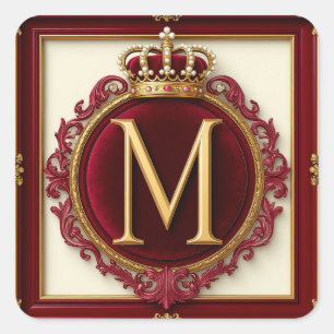 Majestic Gold Monogram With Crown On Regal Velvet Square Sticker