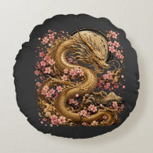 Majestic Golden Dragon Round Pillow with Sakura Bl