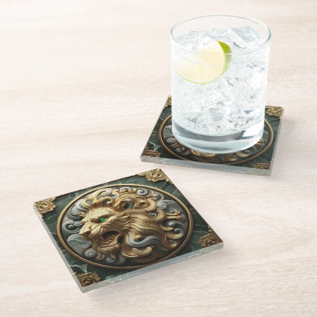 Majestic Golden Lion Emblem Design Glass Coaster (Angled)
