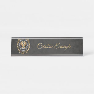 Majestic golden lion head with black mane.  desk name plate