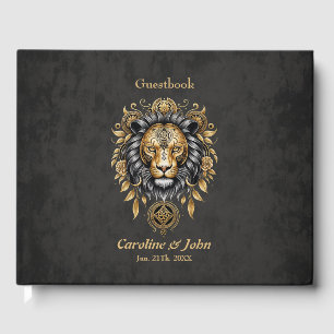 Majestic golden lion head with black mane. guest book