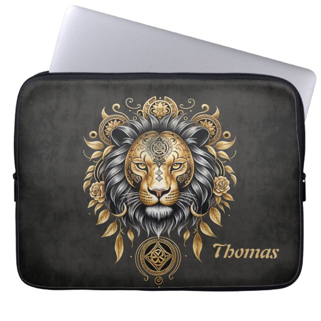 Majestic golden lion head with black mane. laptop sleeve (Front)