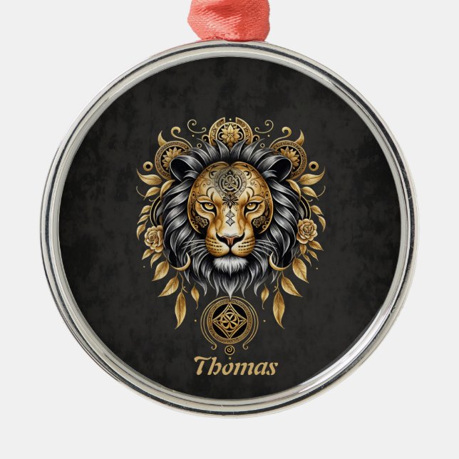 Majestic golden lion head with black mane. metal ornament (Front)