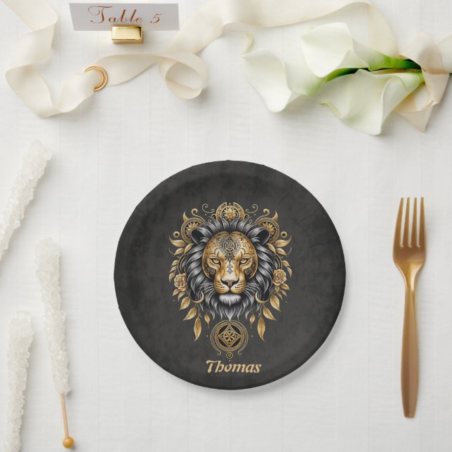 Majestic golden lion head with black mane. paper plate (Wedding)