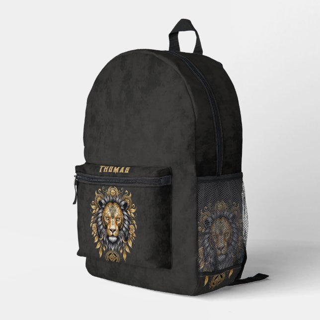 Majestic golden lion head with black mane. printed backpack (Back Corner Right)