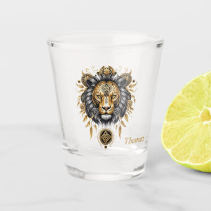 Majestic golden lion head with black mane. shot glass