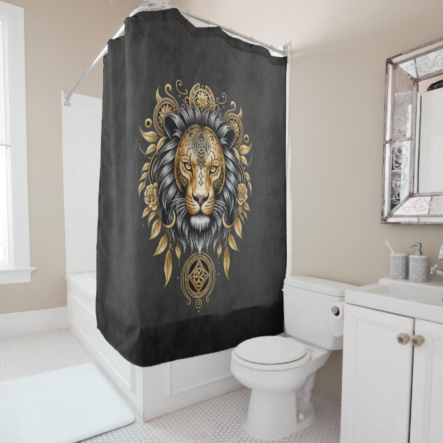 Majestic golden lion head with black mane. shower curtain (In Situ)