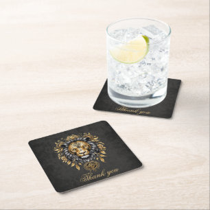 Majestic golden lion head with black mane. square paper coaster