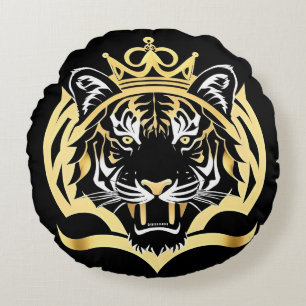 Majestic Golden Tiger Illustration Round Cushion