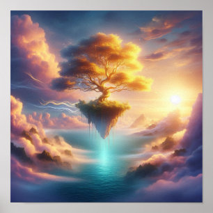Majestic Golden Tree Over Dreamlike Ocean Skies Poster
