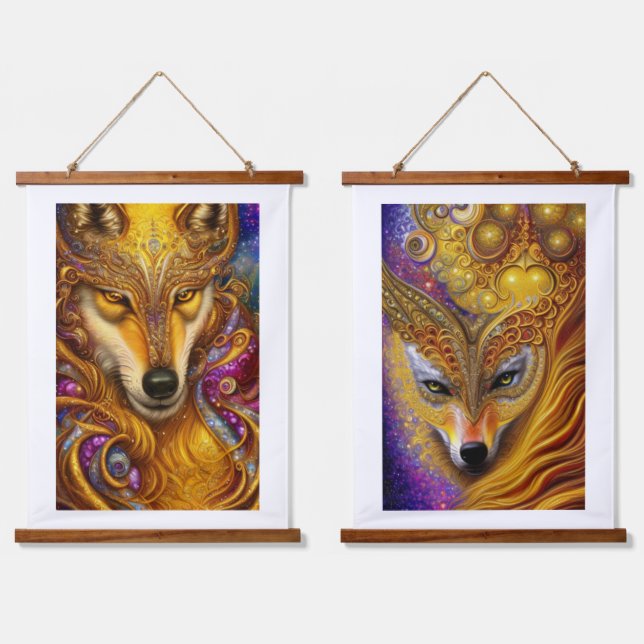 Majestic Golden Wolf Pair Fantasy AI Art Print Hanging Tapestry (Double)