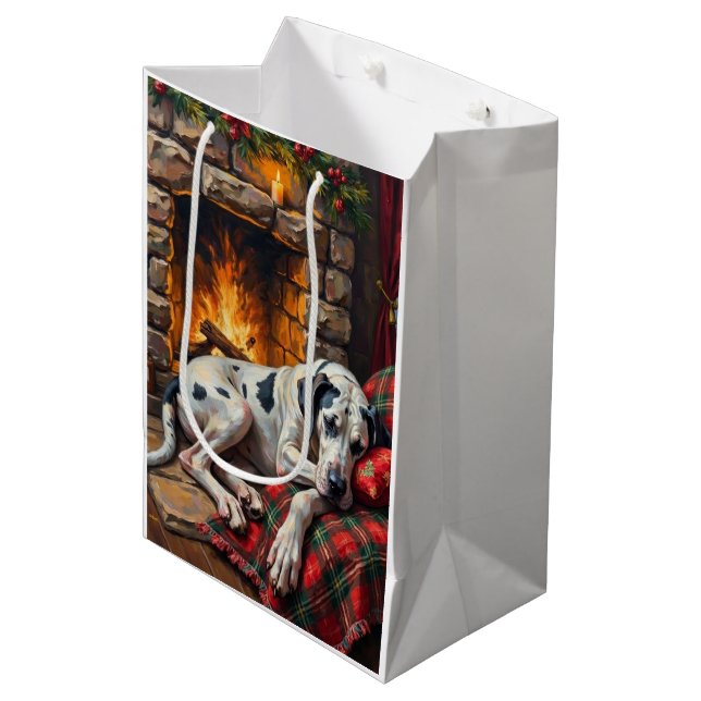 Majestic Great Dane Asleep by Fireplace Cozy Medium Gift Bag (Front Angled)