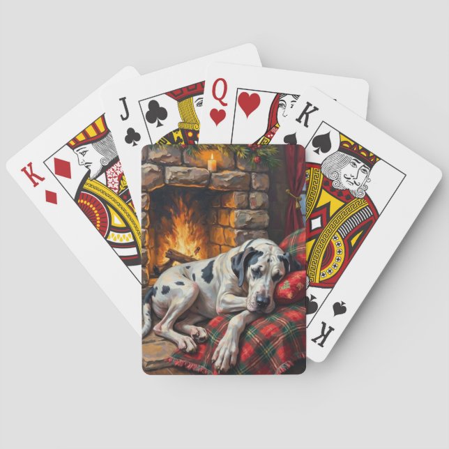 Majestic Great Dane Asleep by Fireplace Cozy Playing Cards (Back)