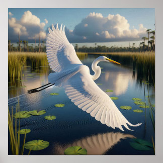 Majestic Great Egret in Tranquil Wetlands Poster