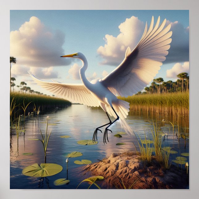 Majestic Great Egret in Tranquil Wetlands Poster (Front)