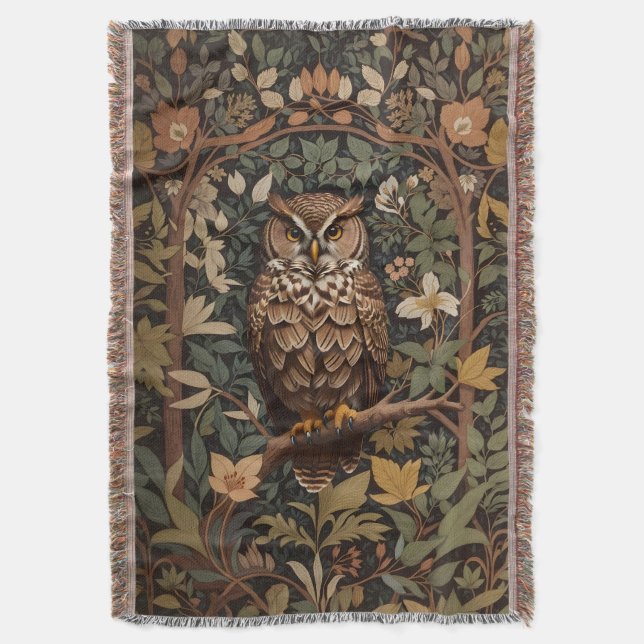 Majestic Great Horned Owl Forest Throw Blanket (Front Vertical)