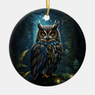 Majestic Great Horned Owl Glowing Night Scene Ceramic Ornament