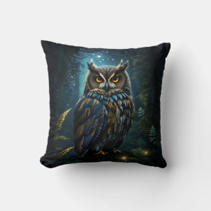 Majestic Great Horned Owl Glowing Night Scene Cushion