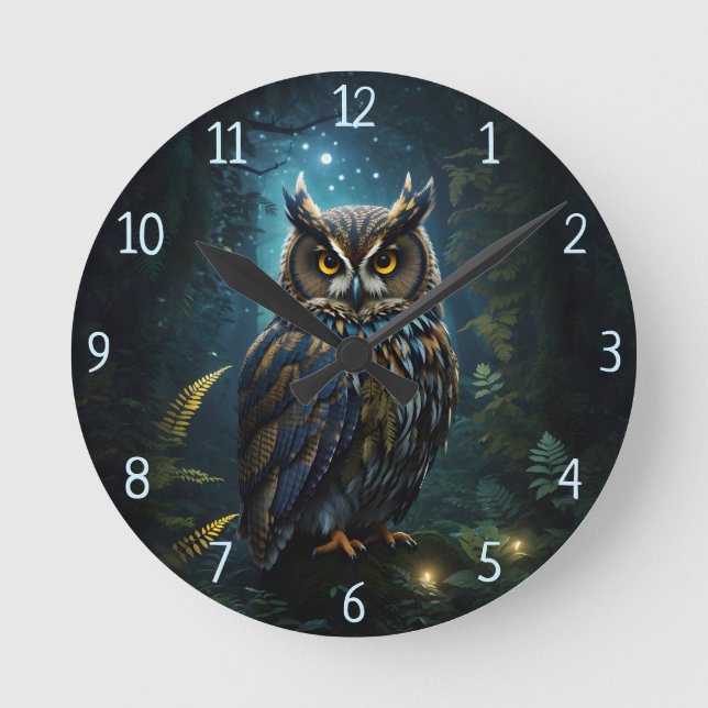 Majestic Great Horned Owl Glowing Night Scene Round Clock (Front)