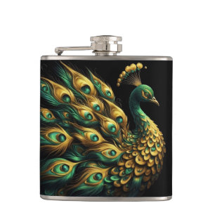 Majestic Green and Gold Peacock Hip Flask