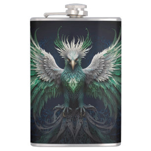 Majestic Green & White Phoenix Bird Hip Flask