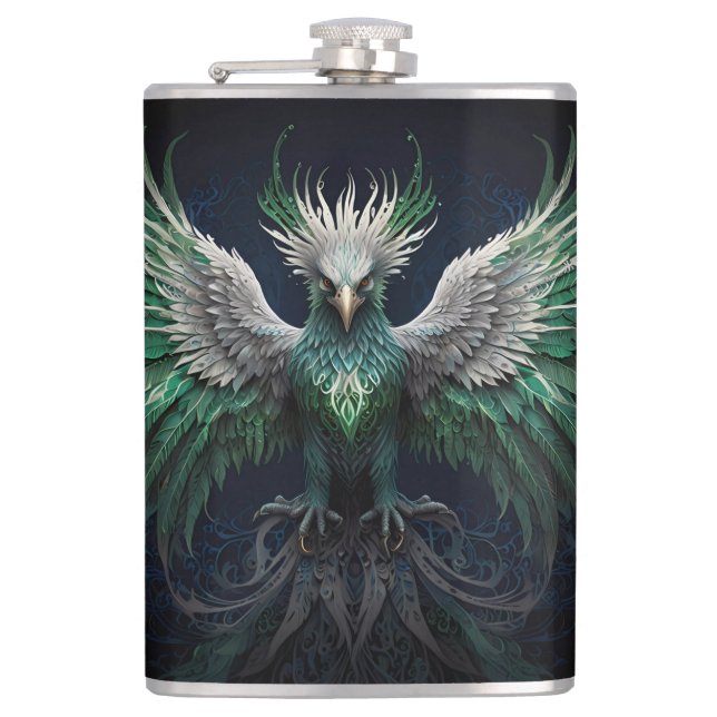 Majestic Green & White Phoenix Bird  Hip Flask (Front)