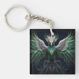 Majestic Green & White Phoenix Bird Key Ring