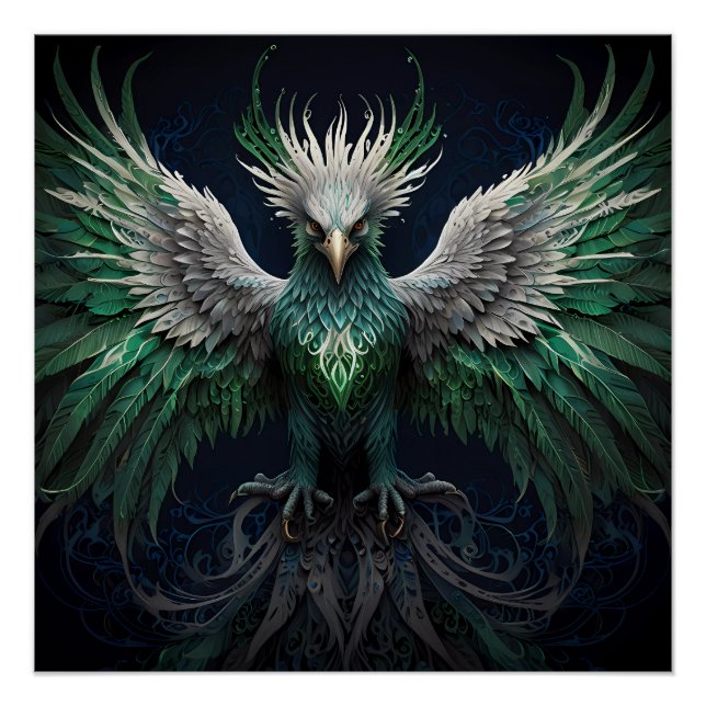 Majestic Green & White Phoenix Bird Poster (Front)
