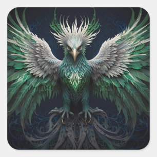 Majestic Green & White Phoenix Bird Square Sticker