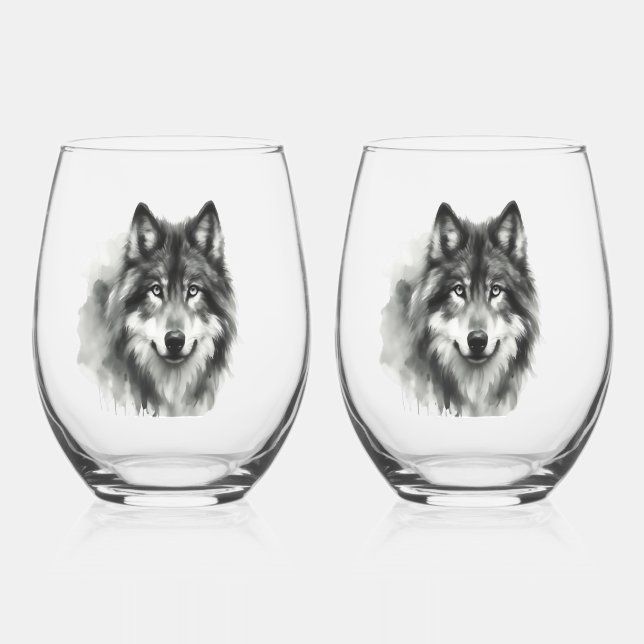 Majestic Grey Wolf Stunning Watercolor Wildlife Stemless Wine Glass (Front)