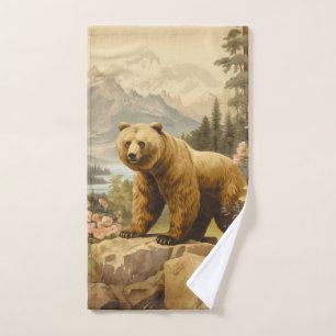Majestic Grizzly Bear in a Forest Hand Towel
