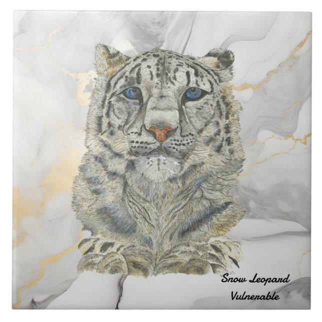 Majestic Hand Painted Snow Leopard Ceramic Tile (Front)
