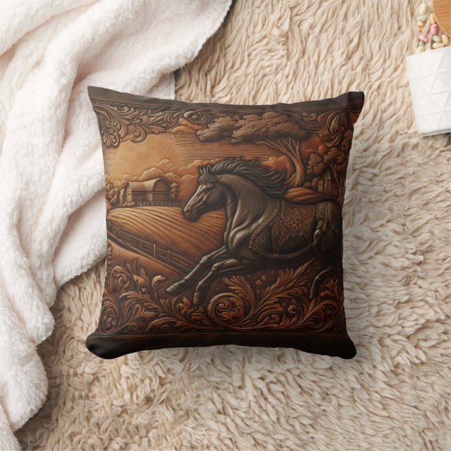 Majestic Horse Carving in Rustic Landscape Cushion (Blanket)