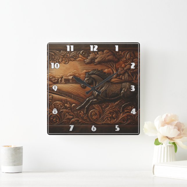 Majestic Horse Carving in Rustic Landscape Square Wall Clock (Home)