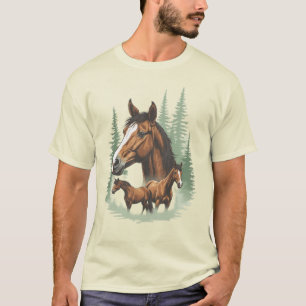 Majestic Horse Family in Evergreen Forest T-Shirt
