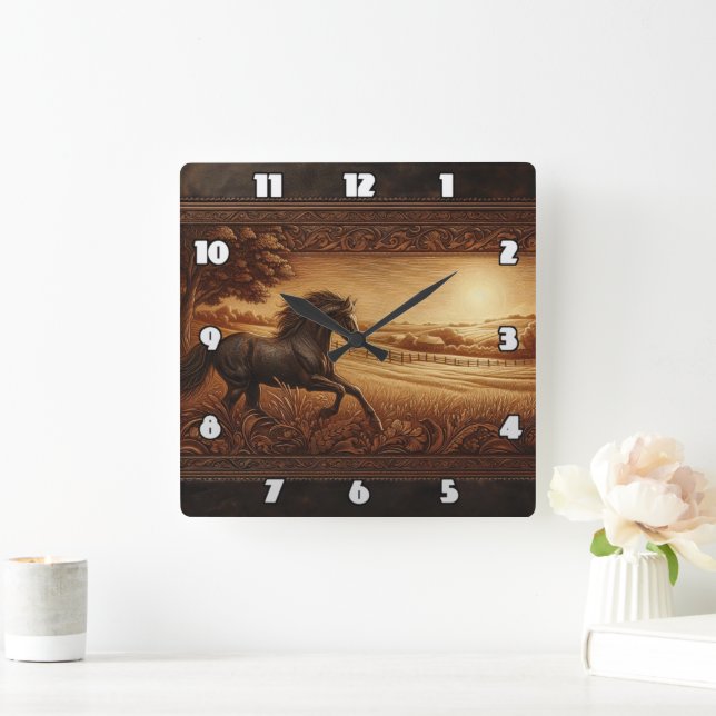 Majestic Horse Galloping in Golden Sunrise Field Square Wall Clock (Home)