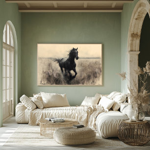 Majestic Horse Galloping in Nature - Monochrome Poster