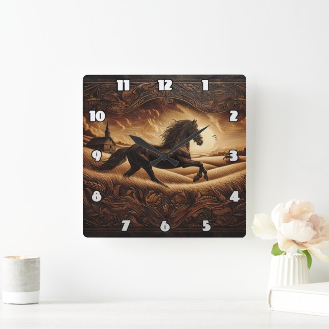 Majestic Horse Galloping Through Golden Field Square Wall Clock (Home)
