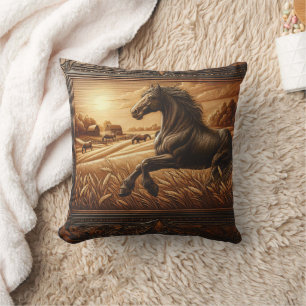 Majestic Horse Galloping Through Golden Fields Cushion