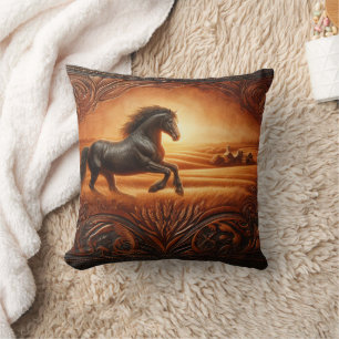 Majestic Horse Galloping Through Golden Fields Cushion