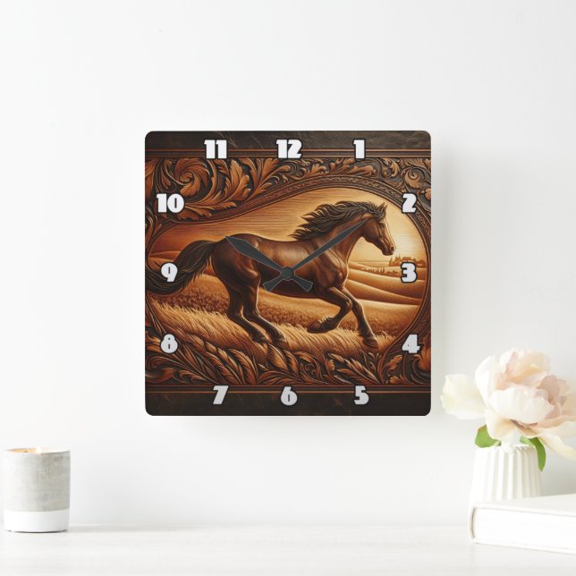 Majestic Horse Galloping Through Golden Fields Square Wall Clock (Home)