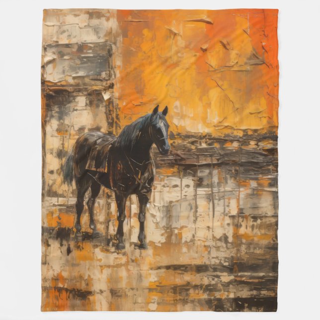 Majestic Horse in Abstract Sunset Fleece Blanket (Front)