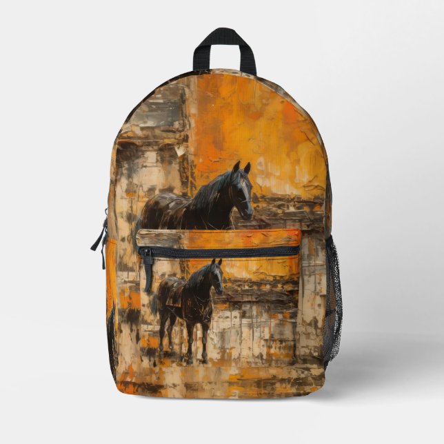 Majestic Horse in Abstract Sunset Printed Backpack (Front)