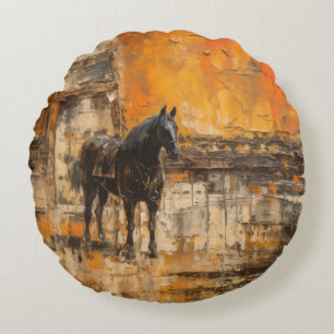 Majestic Horse in Abstract Sunset Round Cushion