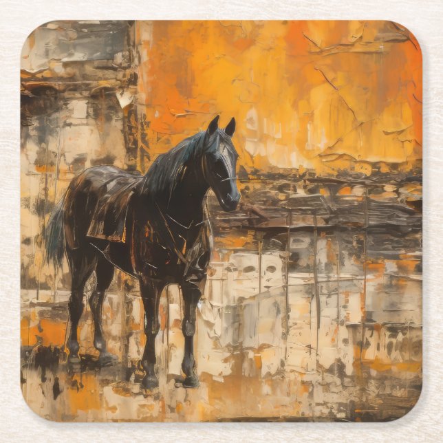 Majestic Horse in Abstract Sunset Square Paper Coaster (Front)